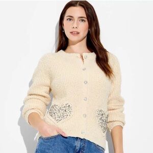 Wicked x Katie Kime Women's Heart Graphic Cardigan size XS BNWT cream beige NEW